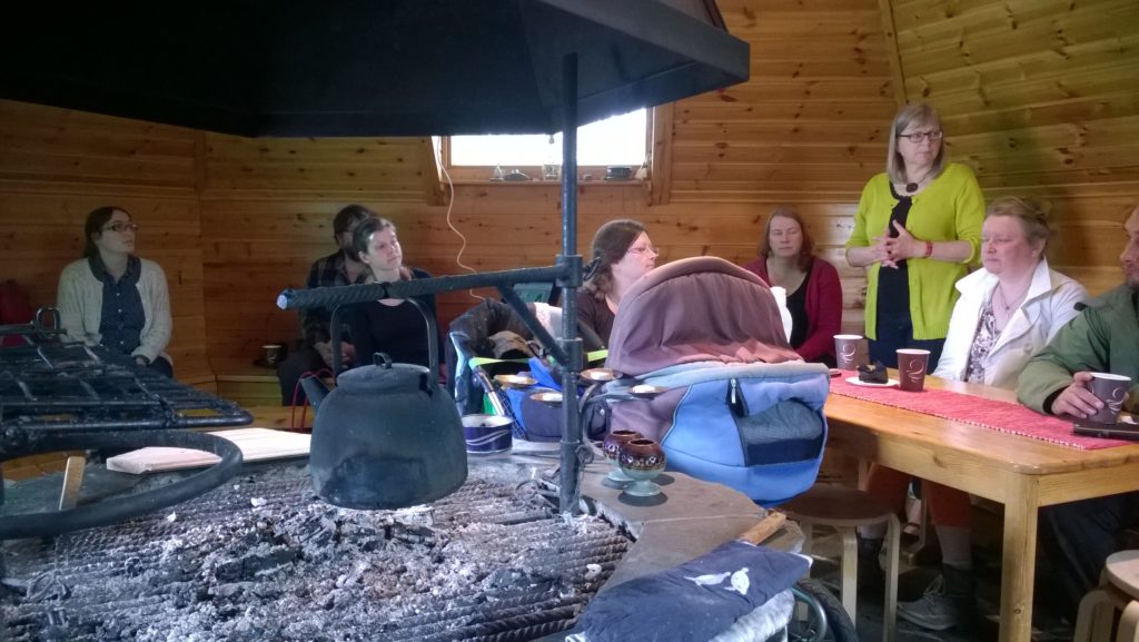 Kilpisjärvi meeting with villagers was held over coffee in teepee hut.